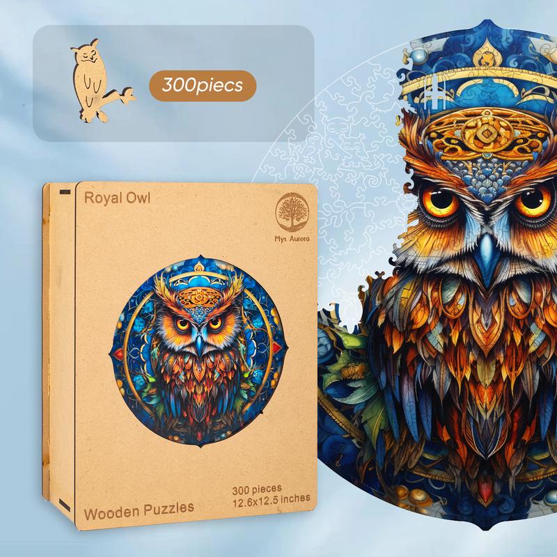 Royal Owl Mys Aurora Wooden Jigsaw Puzzle for Kids and Adults 300 Pcs Unique Shape Nice Box Packing Fun Challenging Brain Exercise Family Game Creative Gift for Friends Parents Grandparents Multicoloured