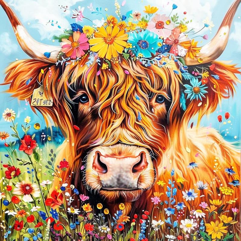 Cow & Flower Pattern DIY Diamond Arts Colorful Painting Kit without Frame, DIY Decorative Art Picture for Beginner, Wall Art Decor for Home Living Room Bedroom