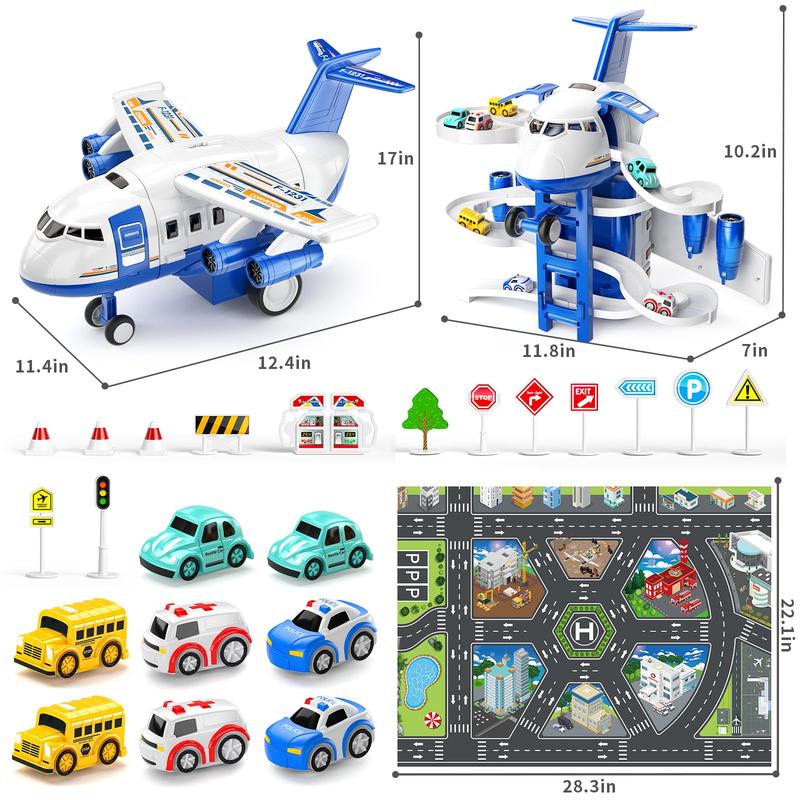 Airplane Toys Race Track Car Toys  - Transport Plane Adventure Car Toys for with 8 City Cars, Garage Parking Lot Playmat, Birthday Gift for