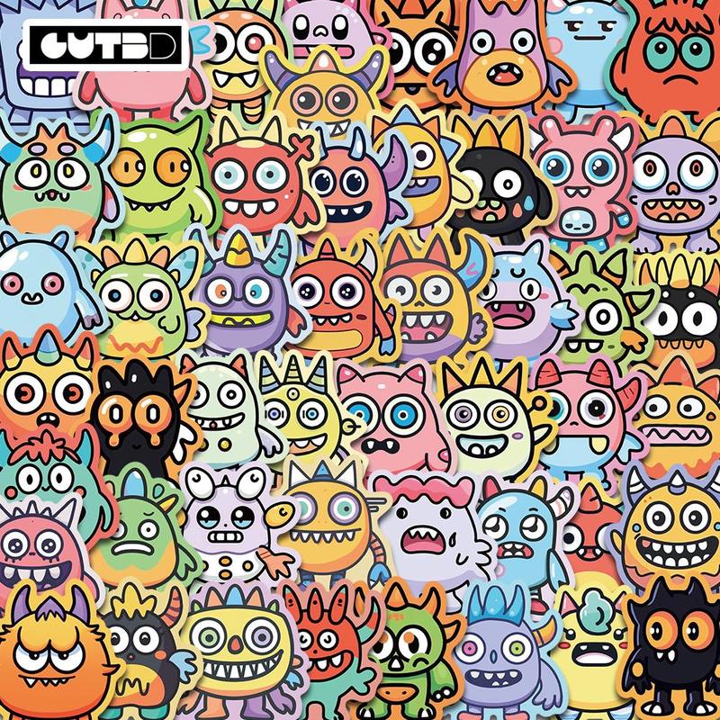 Cute Monster Pattern Sticker (50pcs), Cartoon Decorative Sticker, DIY Decals for Water Bottle, Laptop, Phone Case, Scrapbooking, Journal Making