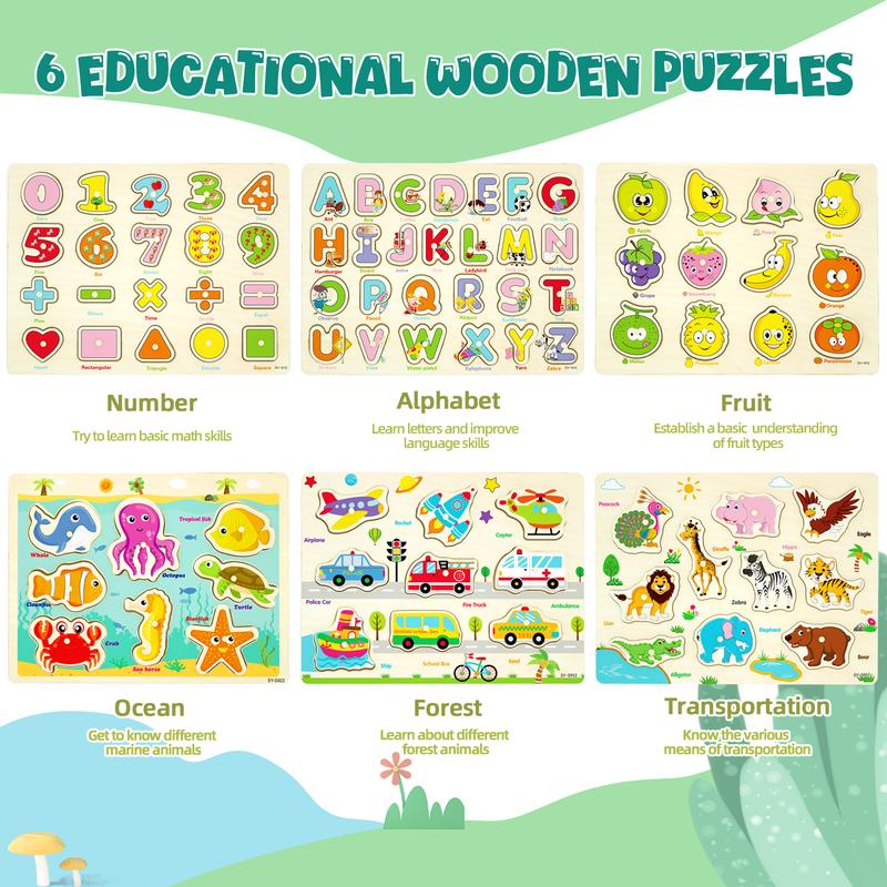 edutree Wooden Peg Puzzles for Toddlers 1 2 3 4, 6 Pack Educational Peg Puzzles Montessori Toys, Learning Puzzles for Kids Girs Boys with Alphabet Number Animal Vehicle Shape