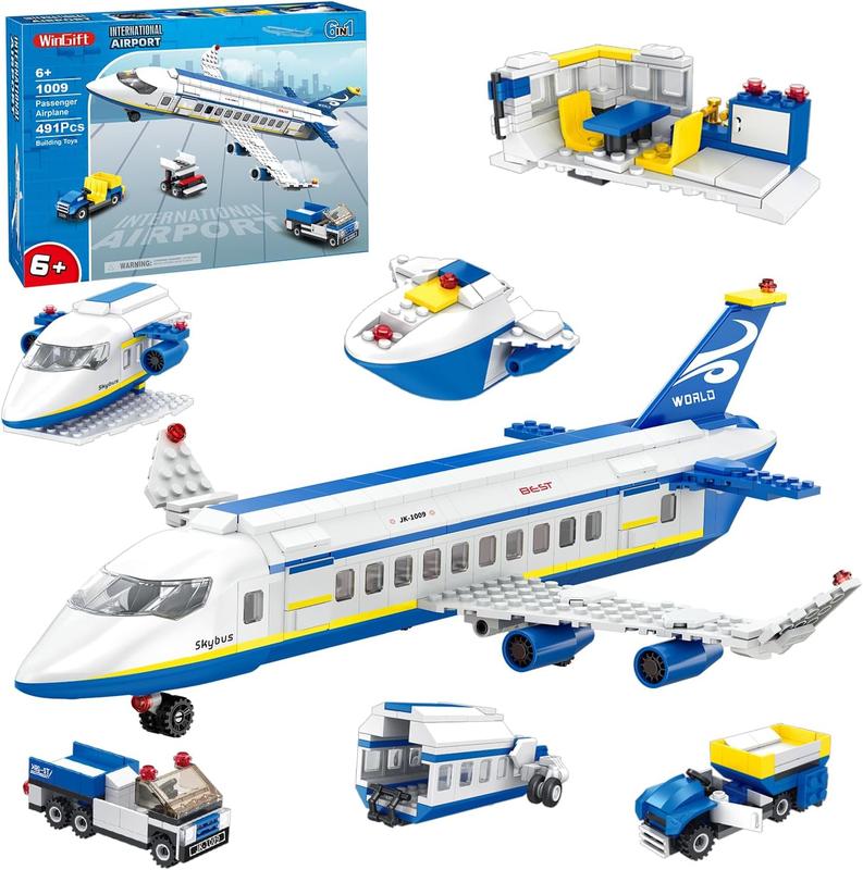 491 Piece City Passenger Airplane Building Set, 6 IN1 Airplane Bricks Toy-Airbus, Creative Building Projects with Shuttle Bus, Baggage Truck, Top STEM Toy for Boy and Girl Ages 6 7 8+