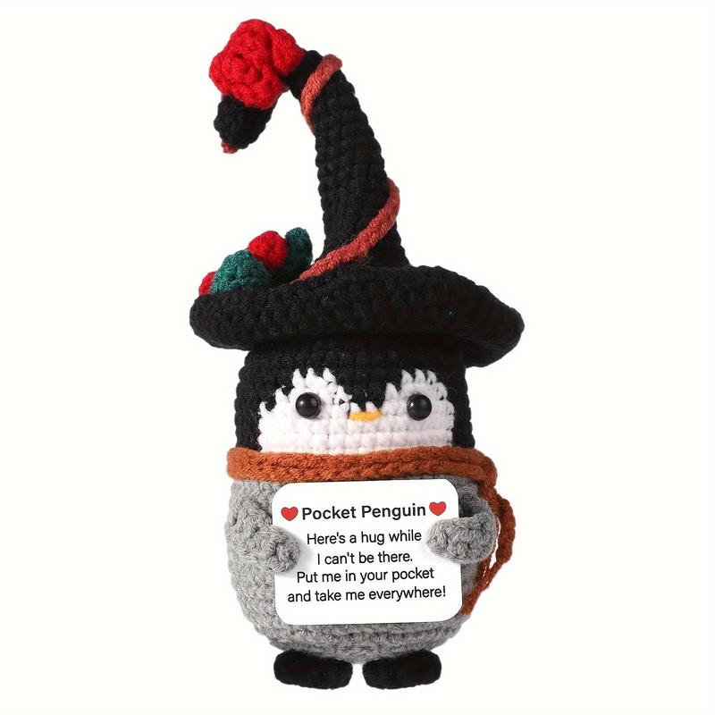 Penguin Design Crochet Toy, 5.5 Inch Funny Positive Penguin with Wizard Hat, Cute Potato Wool Support Crochet Ornament, Knitted Penguin Toy with Positive Card