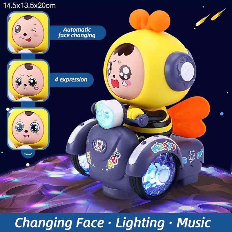 Children's cartoon battery face-changing bee music lights dancing multiple expressions motorcycle boys and girls moving toys with lights and music