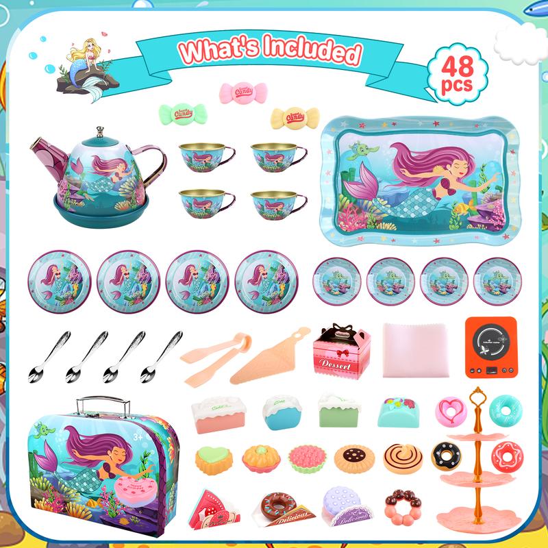 Tea Party Set ,48 PCS Tea Time Mermaid Theme Tin Tea Set,Including Teapot,Cups, Dessert,Cookies And Carrying Case, Kitchen Pretend Play Toys Gifts