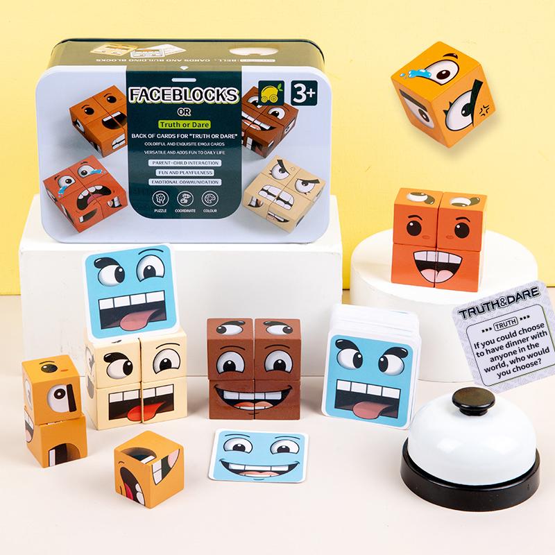 Face-Changing Cube Building Blocks Wooden Expressions Matching Block  Board Games for Family Night Puzzle Games