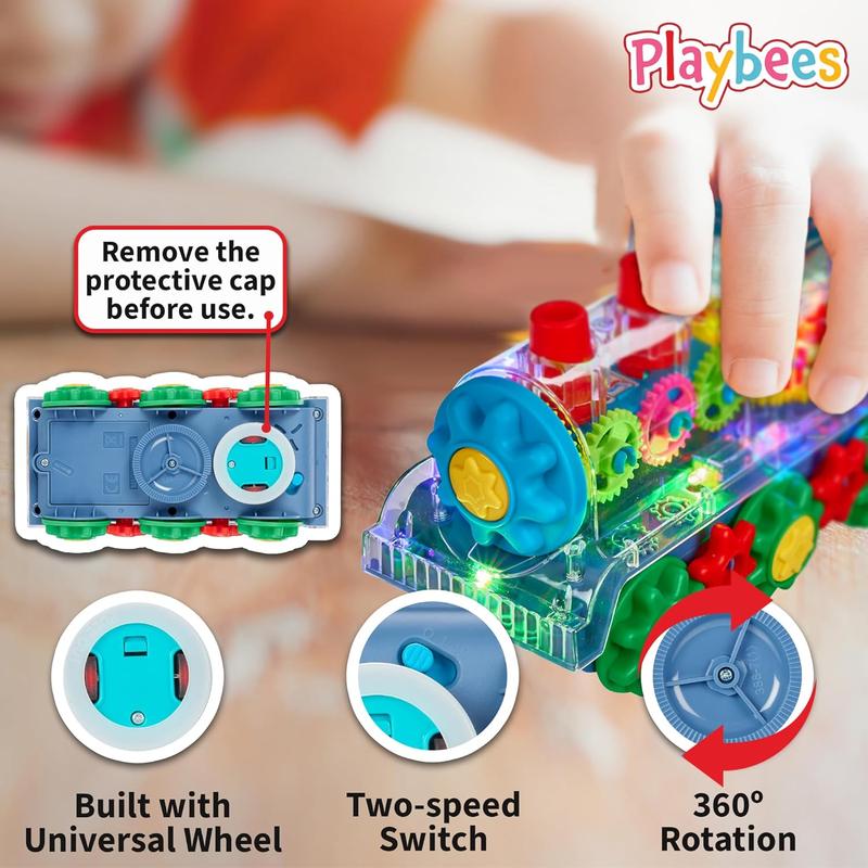 Light-Up Train Toy for Toddlers Transparent Gear Car Toys for Kids Early Music Educational Crawling Toys Flashing Lights and Battery Operated - Birthday for Boys & Girls