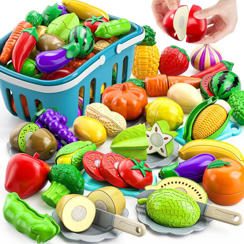 70 PCS Cutting Play Food Toy  Kitchen - Pretend Fruit and Vegetables Accessories Toys  with Storage Case, Dishes and Knife, Educational Kitchen Toy