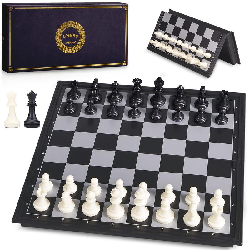 AMEROUS 10 Inches Magnetic Travel Chess Set with Folding Board - 2 Extra Queens - Storage for Pieces - Chess Board Gmaes for Beginner, Kids and Adults