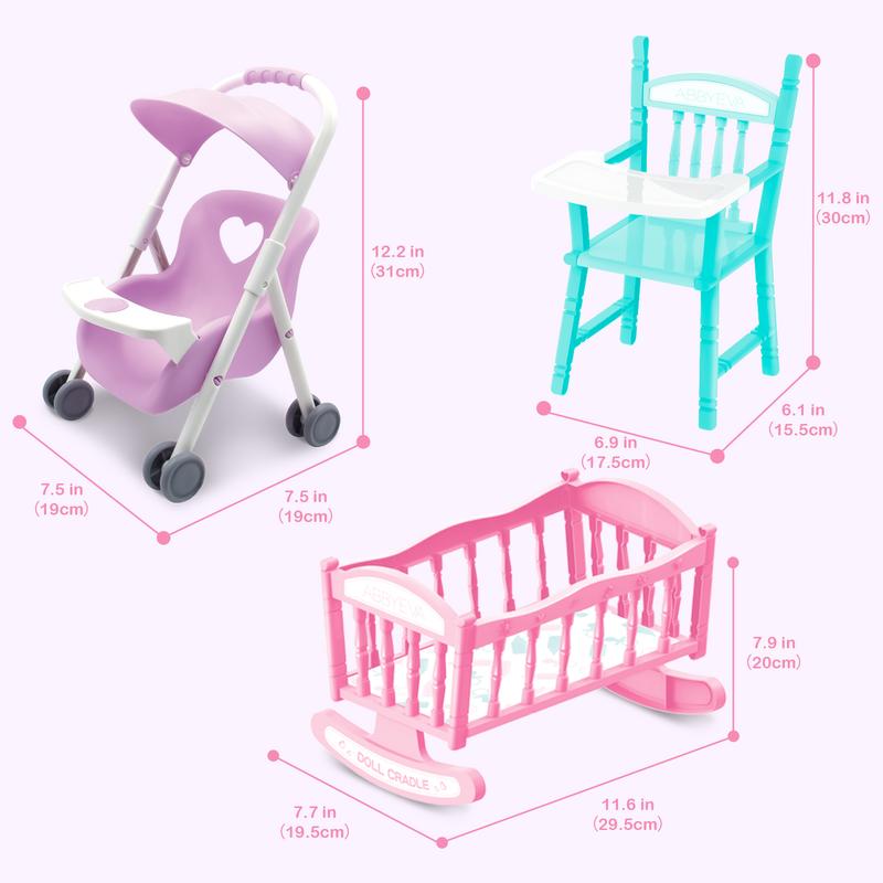 deAO Doll Set Play Set includes Miniature Crib, Mobile High Chair Stroller, 12PCS Doll Accessories, Great Pretend Play Gift