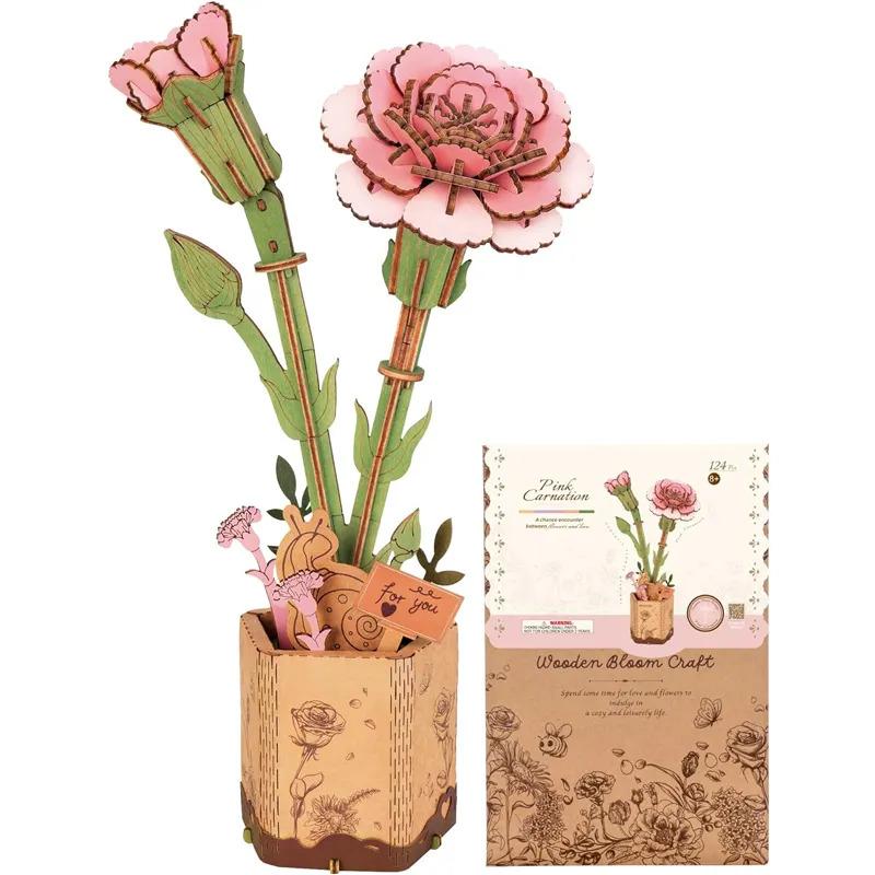 Robotime 3D Flower Wooden Puzzles for Adults-Pink Carnation, DIY Wooden Flowers Model Kit Building Set Crafts for Adults to Build, Botanical Collection Ideal Creative Gift Ideas Housewarming (124PCS) TW051 Pink Carnation