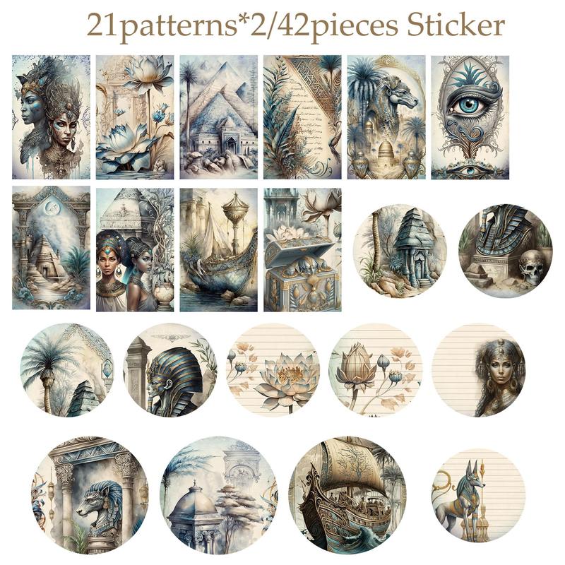 Ancient Egyptian Exploration Theme Paper and Sticker Set, 54pcs set Including 12pcs Material Paper and 42pcs Sticker, Decorative Sticker for Scrapbooking