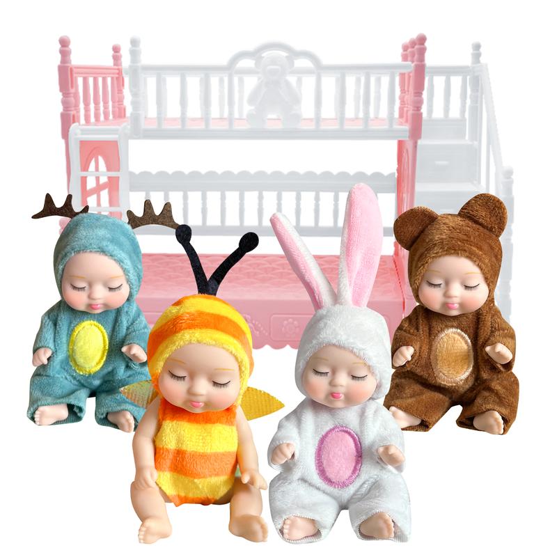 AMETUS 4 Pcs Mini Baby Dolls with Bunk Bed, Dollhouse Bedroom Furniture Set, Little Mini Reborn Babies, Cute Doll for Girls Kids, Birthday Baby Shower Party Gifts, Bunny Bee Bear Deer reborn baby doll