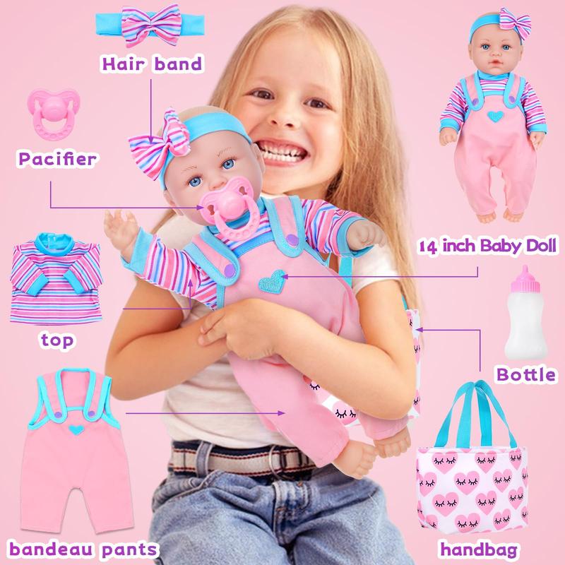 14 Inch Baby Doll & Doll Clothes Accessories Set Newborn Baby Doll Set Real Silicone Soft Doll Including Doll, Clothing, Pacifier, Feeding Bottle, Headband