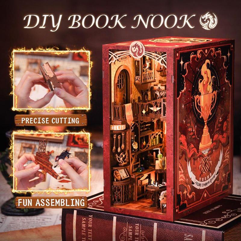 CUTEBEE DIY Book Nook Kit for Adults and Teens, DIY Wooden Miniature Magic House Dollhouse Kit Bookshelf Booknook Bookcase Model Build Gift Kit Decor Alley with LED Light (Flame Common Room)