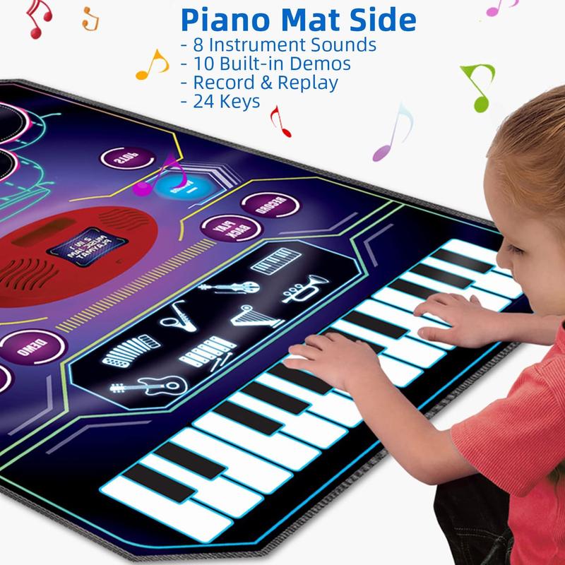 2 in 1 Kids Music Learning Toys for Boys Girls, Drum Set + Piano Mat | Record & Playback, Built-in Songs, 8 Instrument Sounds, 24 Keys, Christmas Birthday Gifts for Toddler 3 4 5 6 7 8 Years