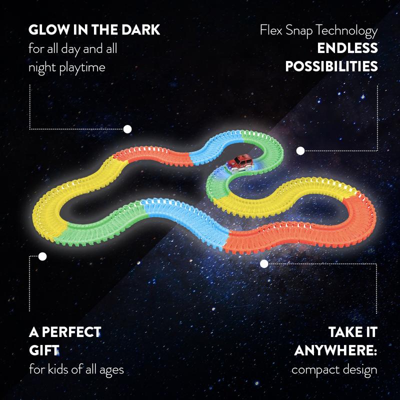 World Tech Toys Galaxy Flex Track | 220 Piece Glow in The Dark Flexible Racetrack and LED Light Up Car | Educational Building Toy | For Kids 3 Plus