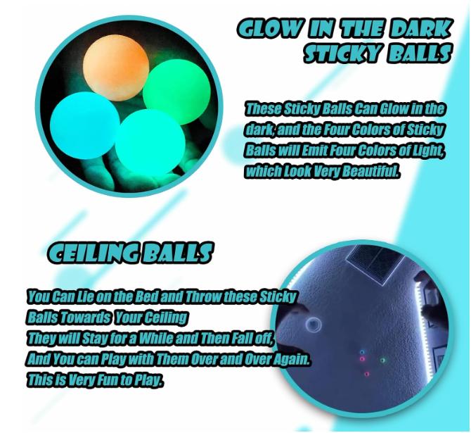 Glow-in-the-dark sticky ceiling balls, stress relief for all ages. 4-pack lumi balls, perfect for stocking stuffers