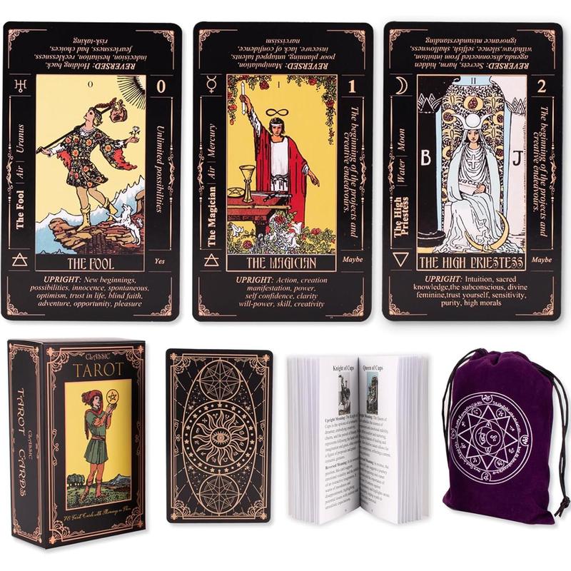 Tarot Cards for Beginners, Classic Tarot Cards with Meanings on Them, Durable Tarot Cards with Guide Book for Beginners (Black)