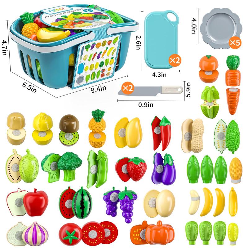 70 PCS Cutting Play Food Toy  Kitchen - Pretend Fruit and Vegetables Accessories Toys  with Storage Case, Dishes and Knife, Educational Kitchen Toy