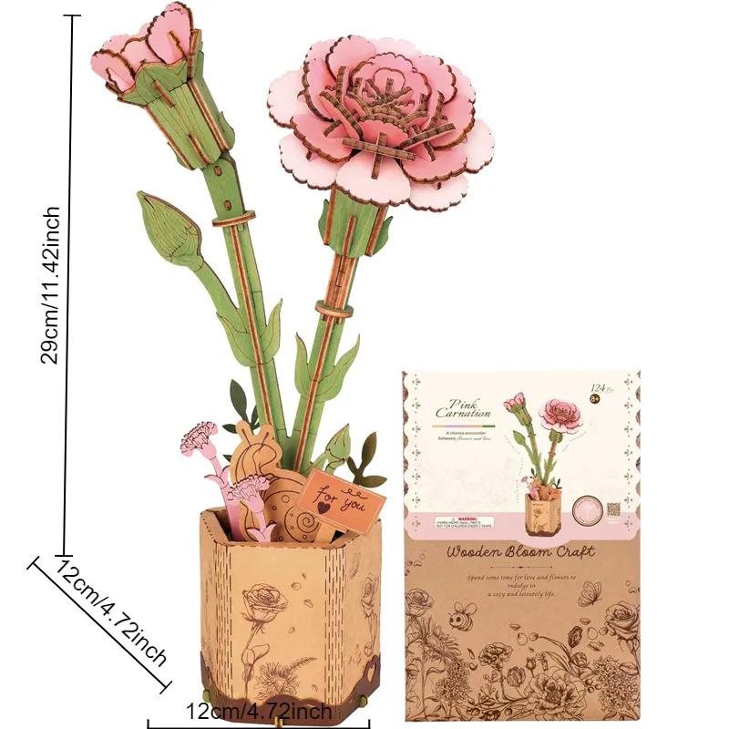 Robotime 3D Flower Wooden Puzzles for Adults-Pink Carnation, DIY Wooden Flowers Model Kit Building Set Crafts for Adults to Build, Botanical Collection Ideal Creative Gift Ideas Housewarming (124PCS) TW051 Pink Carnation