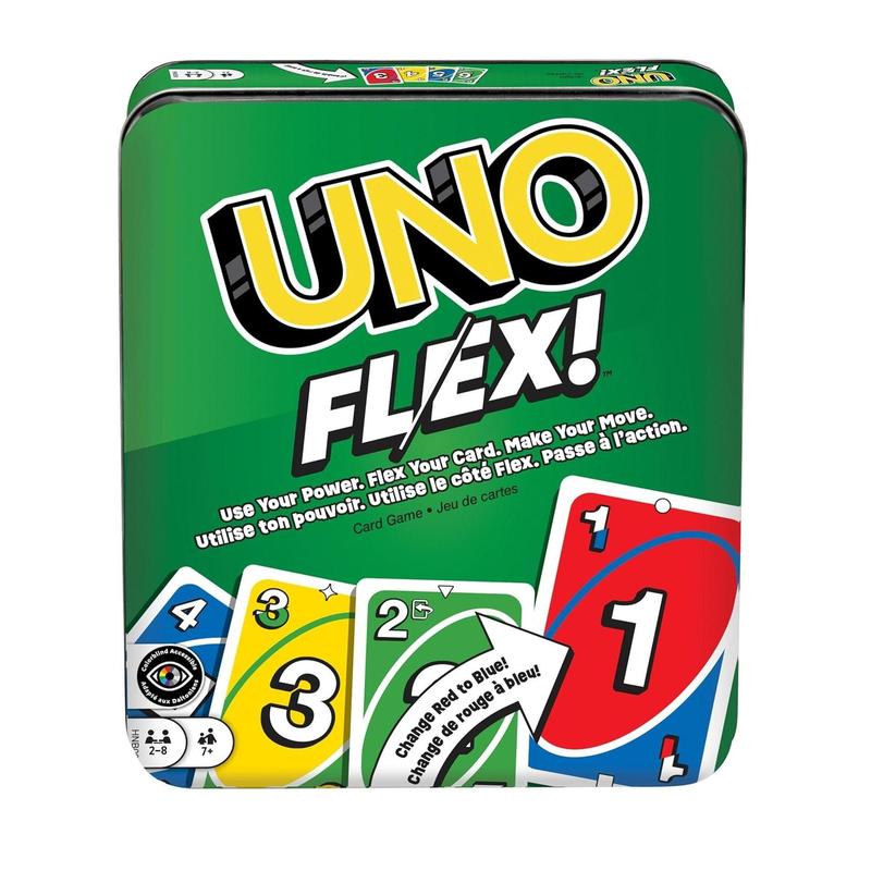 UNO Flex Card Game for Family Night Where Cards Change Color When Flexed in Collectible Tin Box