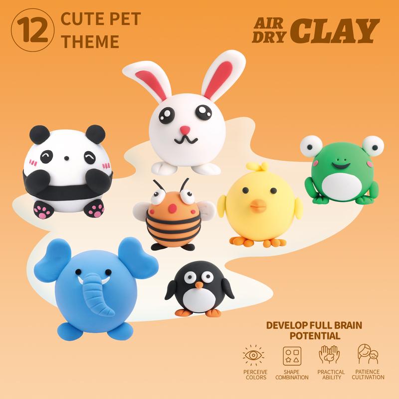 DIY Clay,Cute Pet Team-Air Dry Clay 12 boxes, Soft & Ultra Light, safe&Non-Toxic, DIY Craft Easy to use,Modeling Clay for  with Accessories, Tools and Tutorials