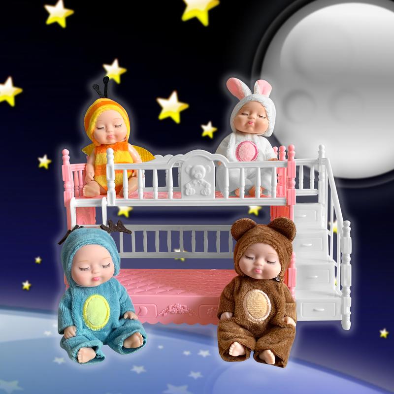 AMETUS 4 Pcs Mini Baby Dolls with Bunk Bed, Dollhouse Bedroom Furniture Set, Little Mini Reborn Babies, Cute Doll for Girls Kids, Birthday Baby Shower Party Gifts, Bunny Bee Bear Deer reborn baby doll