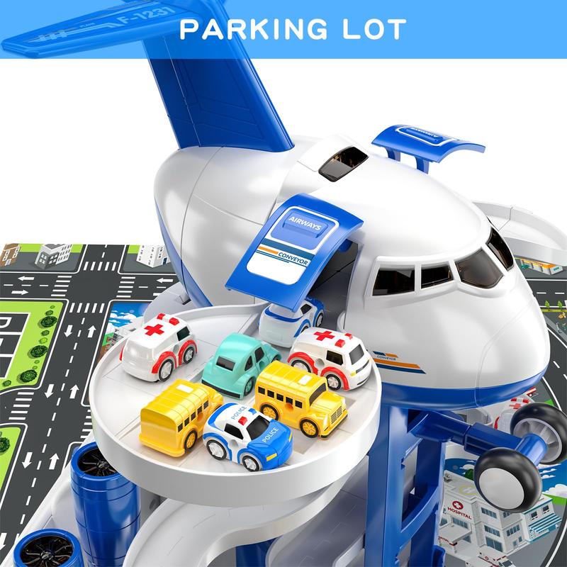 Airplane Toys Race Track Car Toys  - Transport Plane Adventure Car Toys for with 8 City Cars, Garage Parking Lot Playmat, Birthday Gift for