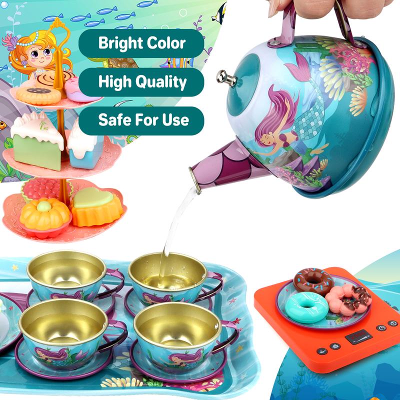 Tea Party Set ,48 PCS Tea Time Mermaid Theme Tin Tea Set,Including Teapot,Cups, Dessert,Cookies And Carrying Case, Kitchen Pretend Play Toys Gifts