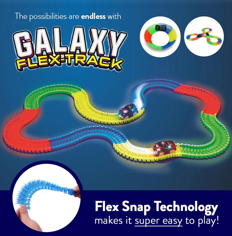 World Tech Toys Galaxy Flex Track | 220 Piece Glow in The Dark Flexible Racetrack and LED Light Up Car | Educational Building Toy | For Kids 3 Plus