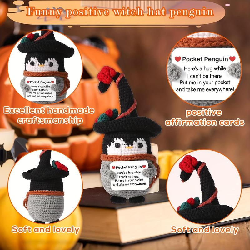 Penguin Design Crochet Toy, 5.5 Inch Funny Positive Penguin with Wizard Hat, Cute Potato Wool Support Crochet Ornament, Knitted Penguin Toy with Positive Card