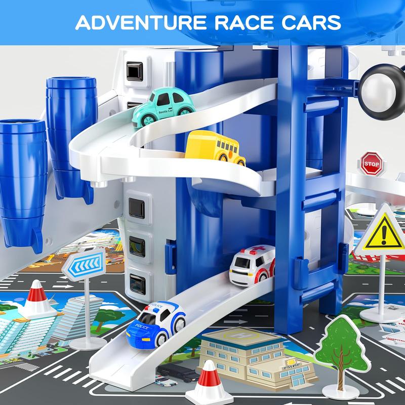 Airplane Toys Race Track Car Toys  - Transport Plane Adventure Car Toys for with 8 City Cars, Garage Parking Lot Playmat, Birthday Gift for