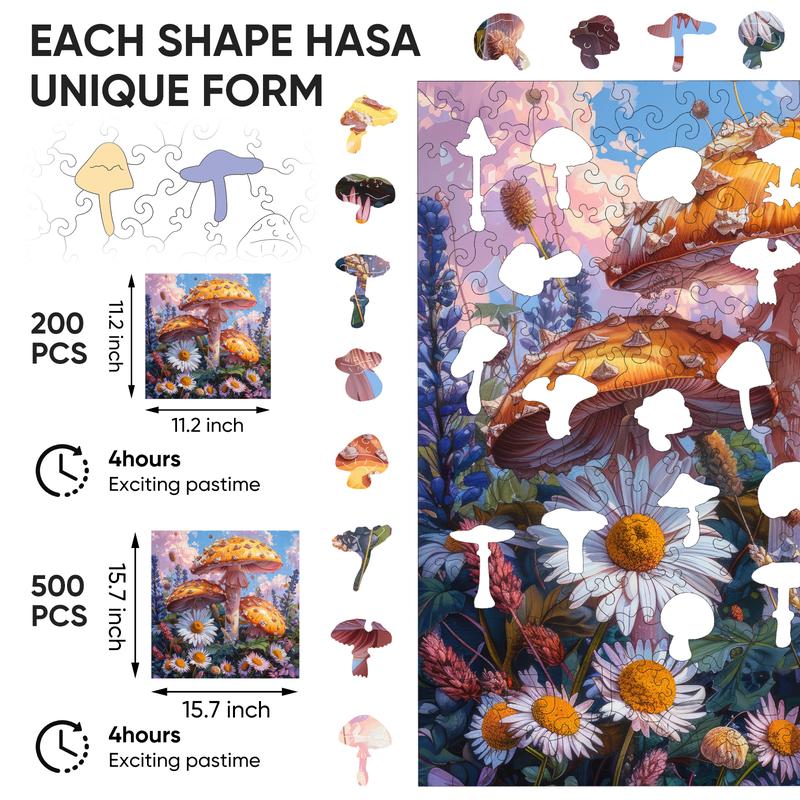 Mys Aurora Mushroom Flowers Wooden Puzzle 200 Pieces - Unique Shape, Hand-Painted Art, Ideal Family Game for Kids and Adults - 7.8 x 12.6 Inch