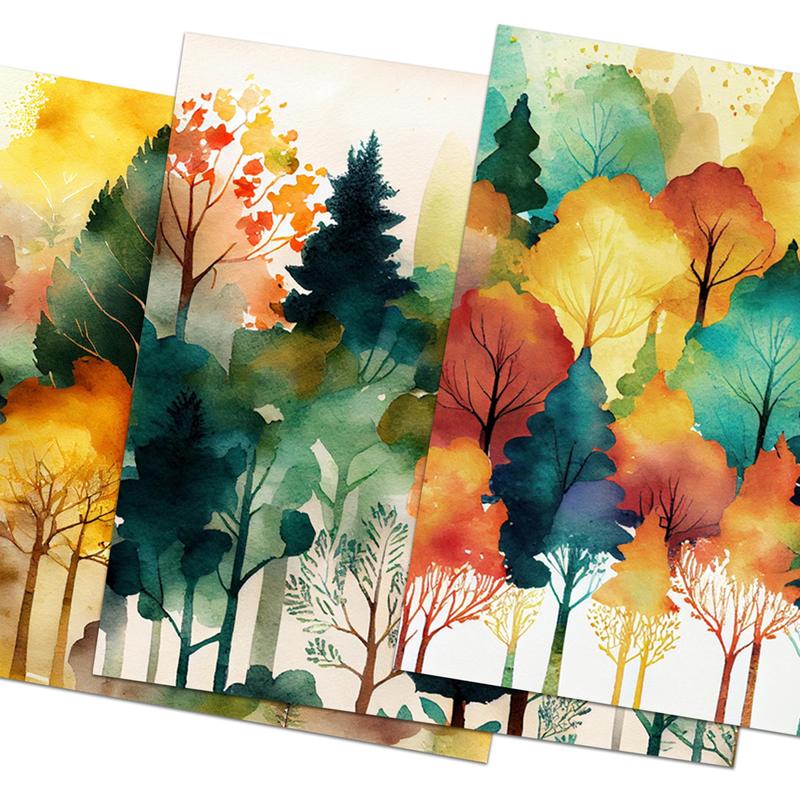 Watercolor Forest Pattern Decorative Paper & Sticker Set, 68pcs set Writable Decorative Paper & Sticker for Arts Crafts, Scrapbooking and Junk Journal