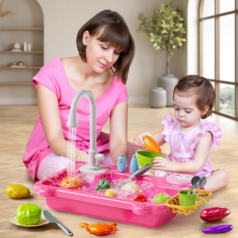 Play Sink with Running Water, Kitchen Sink Toys with Electric Faucet, Play Kitchen Accessories, Role Play Dishwasher Toy for minisink