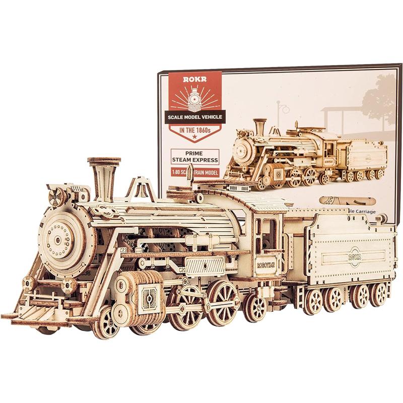 Robotime ROKR 3D Wooden Puzzle for Adults-Mechanical Train Model Kits-Brain Teaser Puzzles-Vehicle Building Kits Scale MC501-Prime Steam Express 3 d