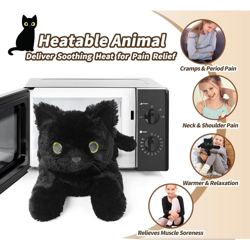 Black Cat Stuffed Animals, Microwavable Stuffed Animals Heating Pad for Cramps, Pain Stress Relief, Heatable & Coolable Lavender Scented Cat Plush Toys for Anxiety, Women & Kids Bedtime