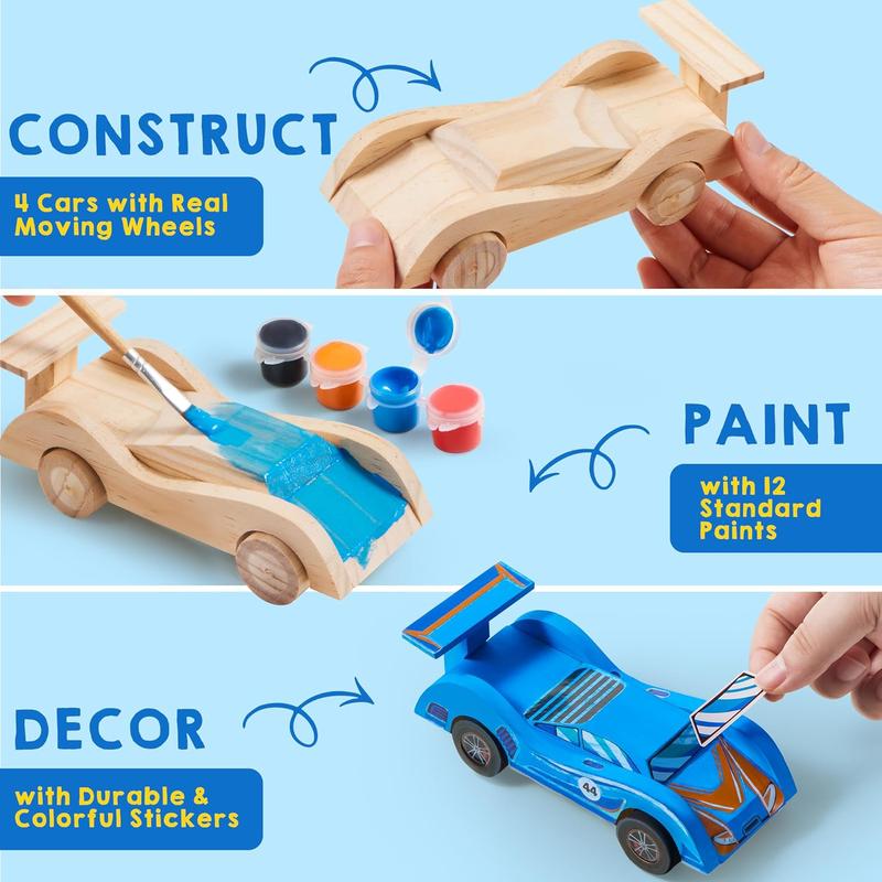 4 DIY Wooden Race Cars-Build & Paint Your Own Wood Craft Kit, 4 Race Cars Toy, Easy to Assemble Arts Crafts Kit, Birthday Party Presents for Kids Boys Ages 6 and Up