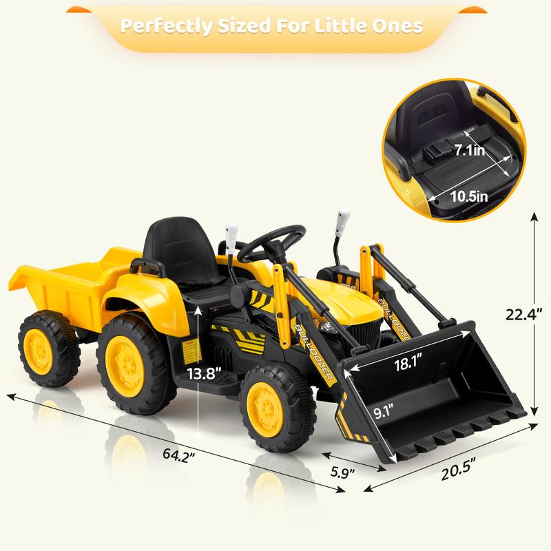 EROMMY Ride on Bulldozer for Kids Boys & Girls, 12V Electric Vehicles with Front Loader Bucket,Cars for kids, Horn, Lights, Music Player, Control car, Safety Belt