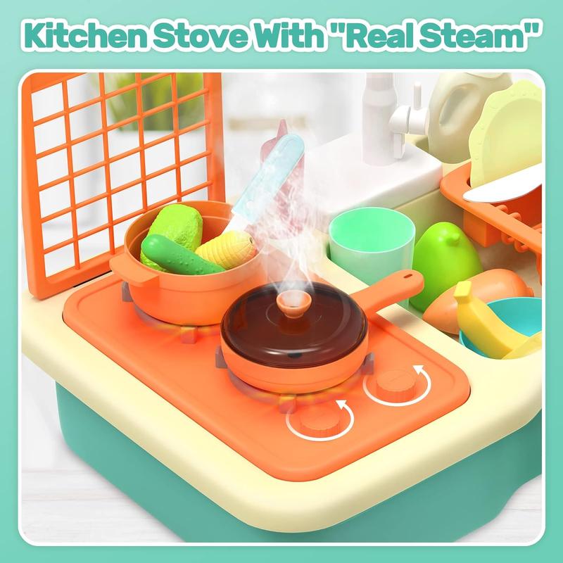 CUTE STONE Kitchen Sink Toys with Running Water, Play Sink with Upgraded Electric Faucet, Play Cooking Stove, Pot and Pan W Spray Realistic Light & Sound, Kitchen Role Play Dishwasher Toys Learning toys toys ink toy magic