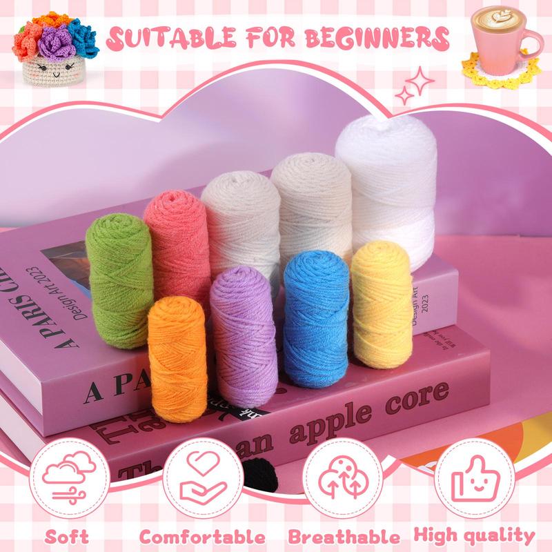 Crochet Kit for Beginners, 6 Counts set Potted Plant Coaster Crochet Set with Step-by-step Video Tutorials, Knitting, Learning Crochet Knitting Set