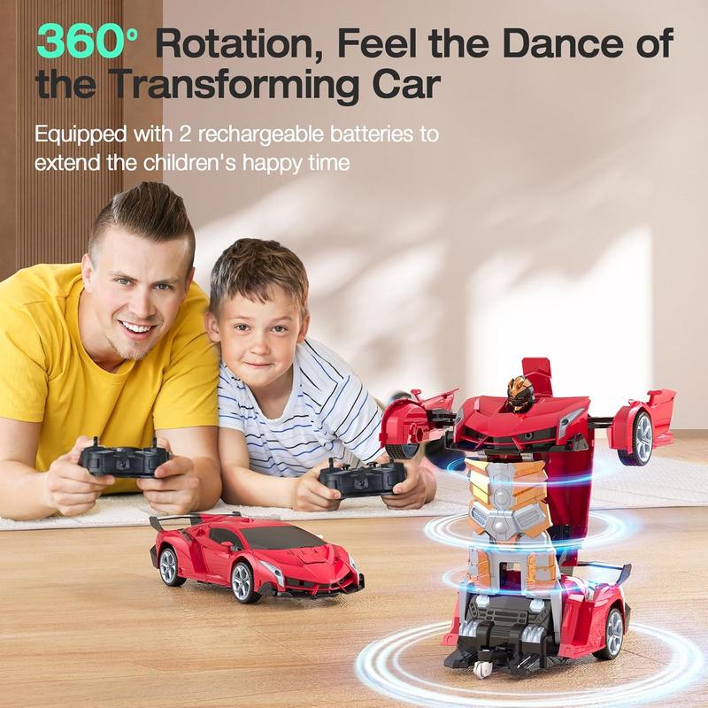 Remote Control Car Toy, 2.4Ghz Transform Robot RC Cars with Flashing Light, 1:18 Scale One Button Deformation Toy Gift Car & 360 Rotating Drifting RC Toy Car for Age 6-12 Years Boy Kids-Red