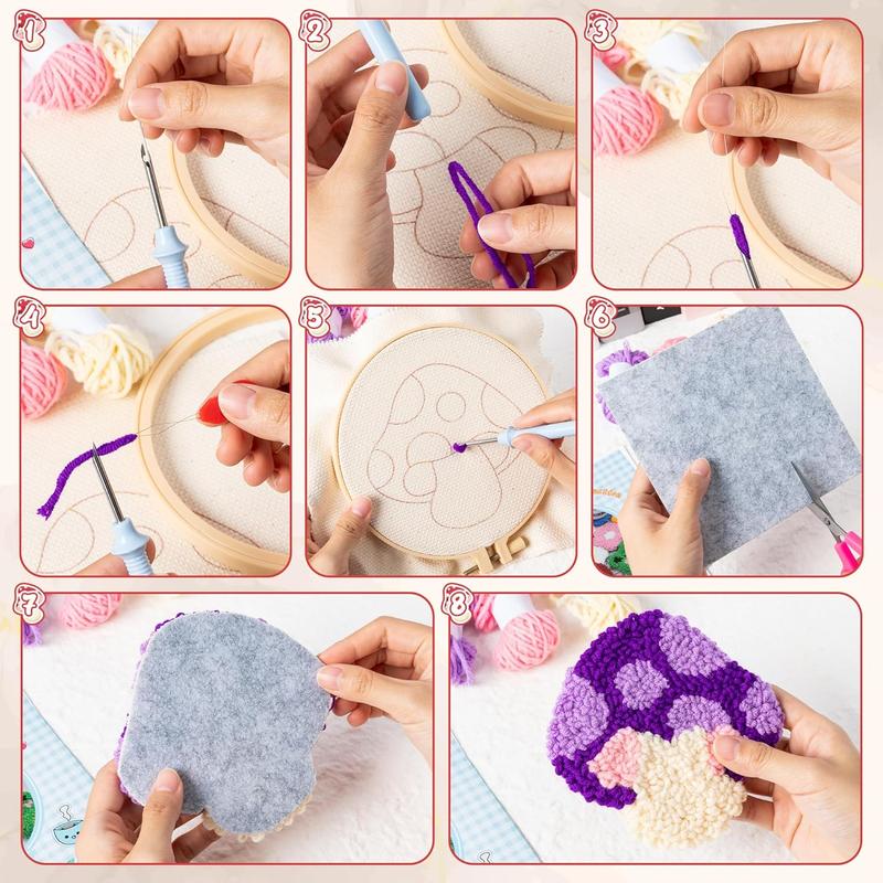 Mushroom Punch Needle Coaster Kit - 22 count Easy Art Work Decor Coasters Kits for Beginners, DIY Set of 6 Mushroom Pattern Tufted Rug Pads with Adhesive Felt Yarns Embroidery Hoop Instruction