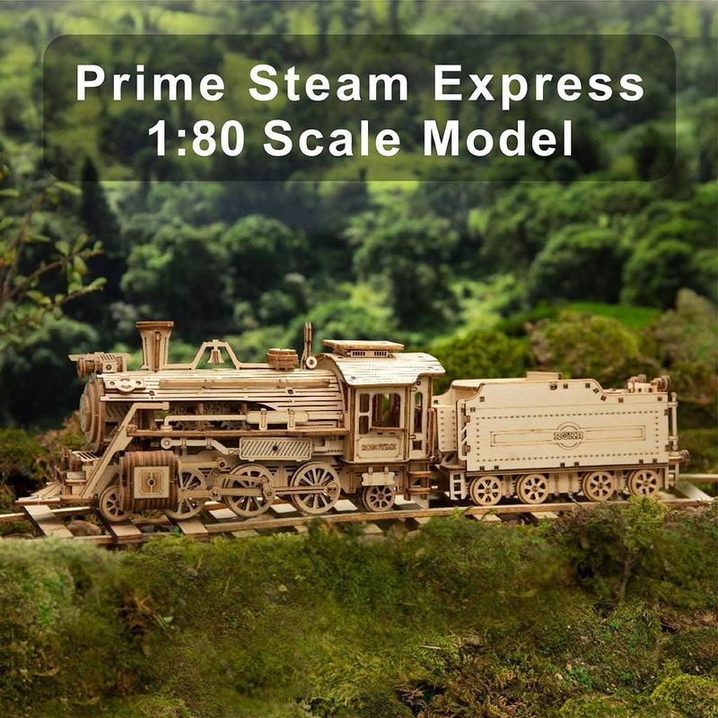 Robotime ROKR 3D Wooden Puzzle for Adults-Mechanical Train Model Kits-Brain Teaser Puzzles-Vehicle Building Kits Scale MC501-Prime Steam Express 3 d