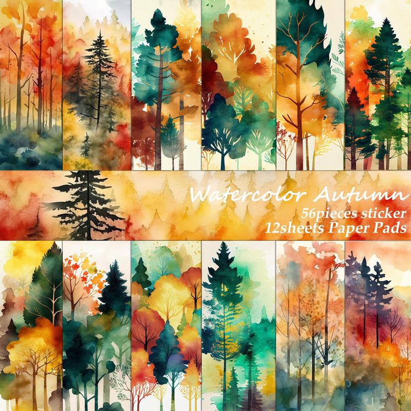 Watercolor Forest Pattern Decorative Paper & Sticker Set, 68pcs set Writable Decorative Paper & Sticker for Arts Crafts, Scrapbooking and Junk Journal