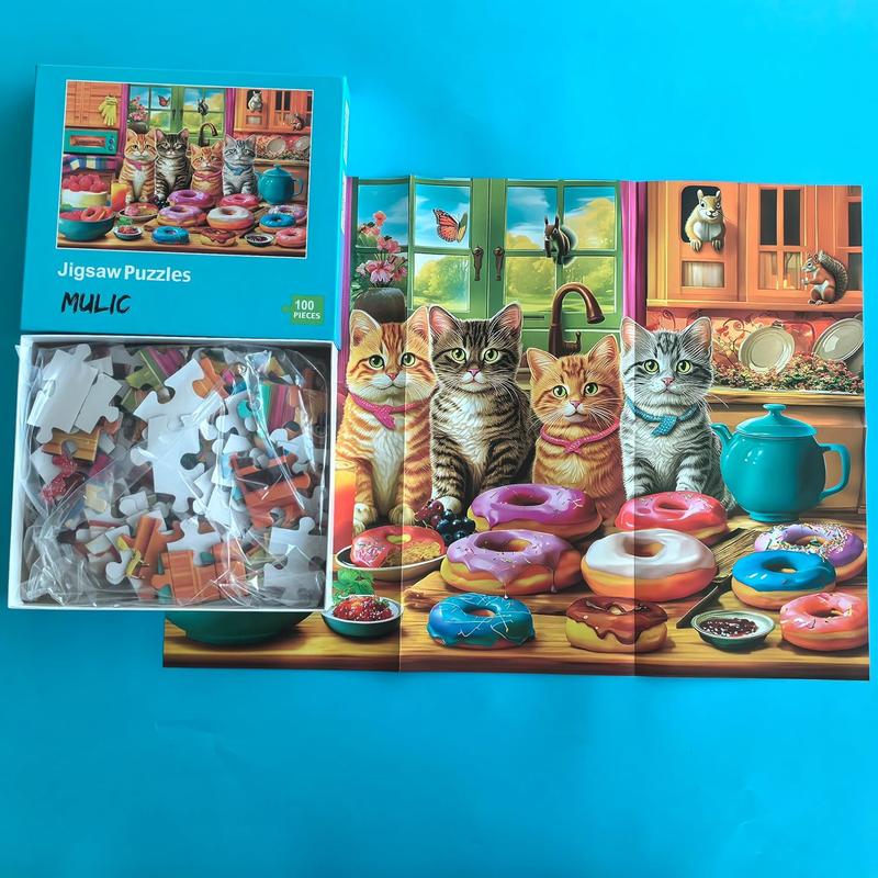 Extra Large Pieces Jigsaw Puzzles for Adults - 100 Piece Puzzles for Kids Ages 8-10 10-12 - Large Piece Puzzles for Seniors - Kitchen Kittens and Donuts