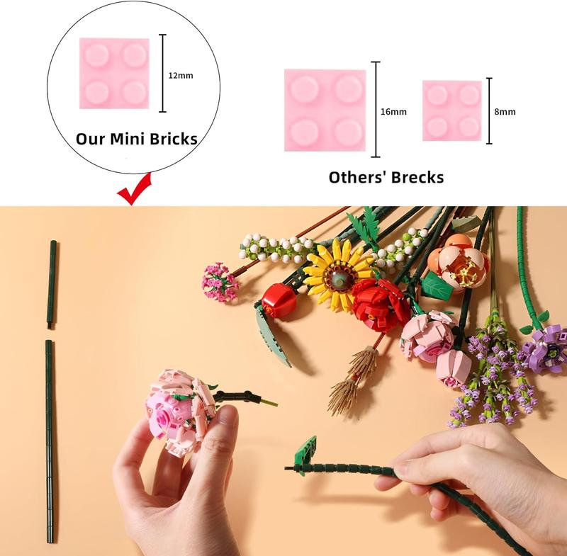 Xmas Gift Mini brick flower bouquet Building Block Set, Artificial flower, DIY flower kit unique decorator, 547 pieces of plant collection ages 8-12 years old girls boys kids educational toys for children's Day gifts