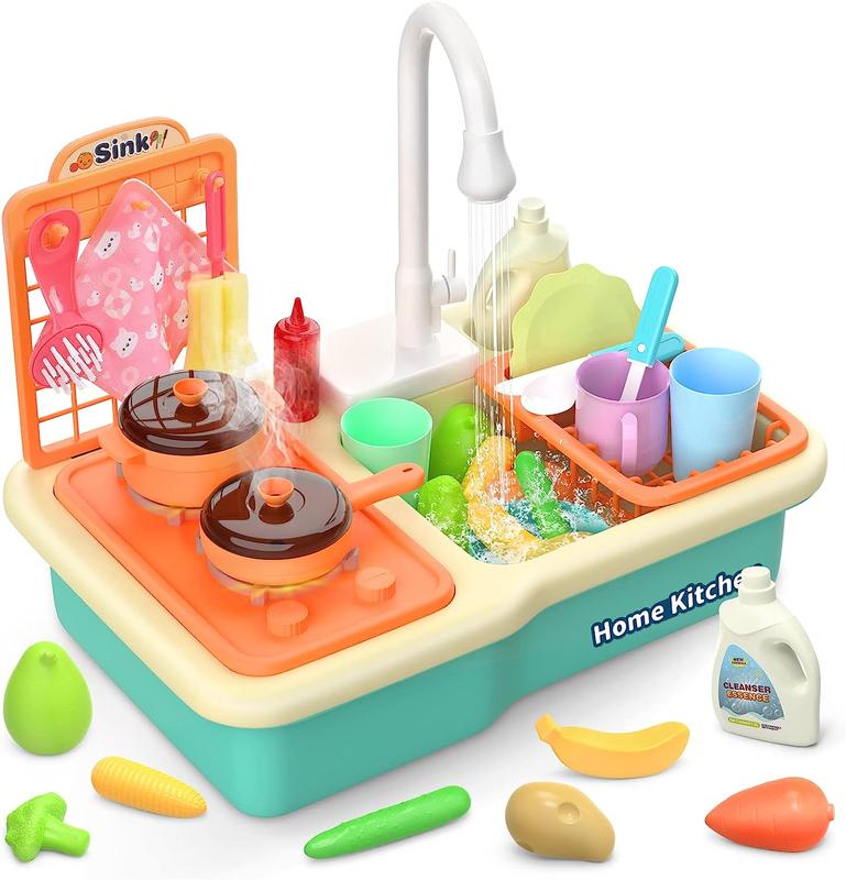 CUTE STONE Kitchen Sink Toys with Running Water, Play Sink with Upgraded Electric Faucet, Play Cooking Stove, Pot and Pan W Spray Realistic Light & Sound, Kitchen Role Play Dishwasher Toys Learning toys toys ink toy magic