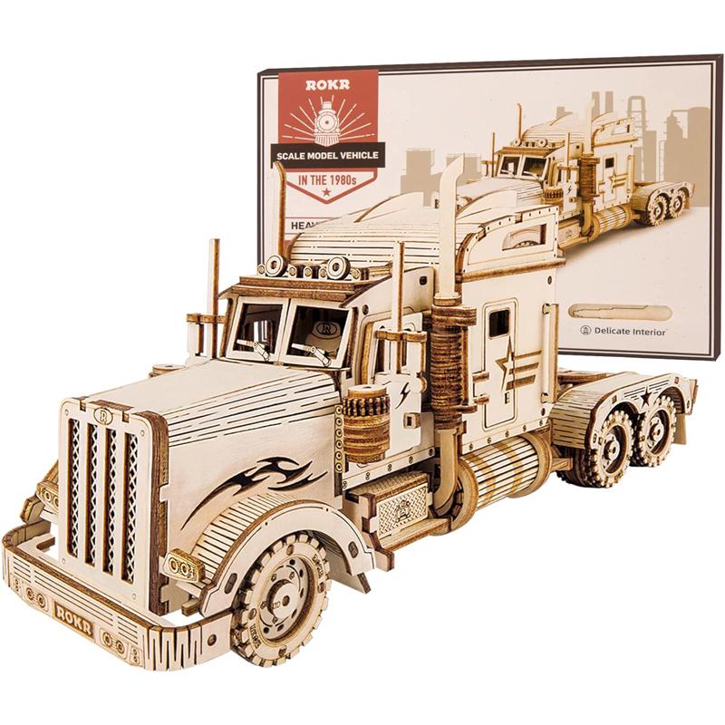 Robotime ROKR 3D Wooden Puzzle for Adults-Mechanical Car Model Kits-Brain Teaser Puzzles-Vehicle Building Kits-Unique Gift for Kids on Birthday Christmas Day(1:40 Scale)(MC502-Heavy Truck) 3 d